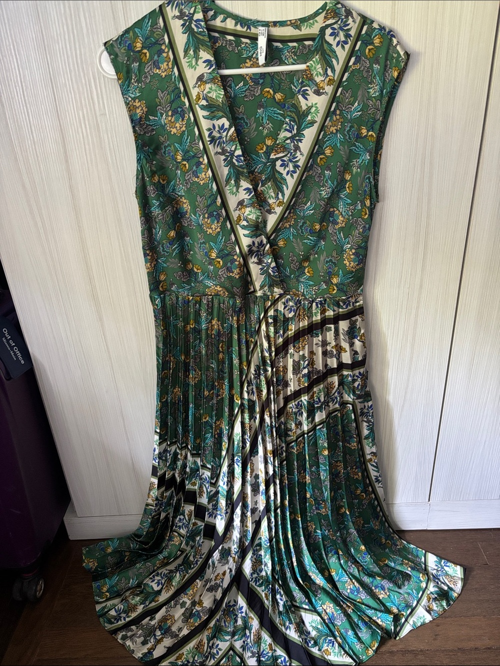 Mango Green Floral Pleated Midi Dress with Cream Accents